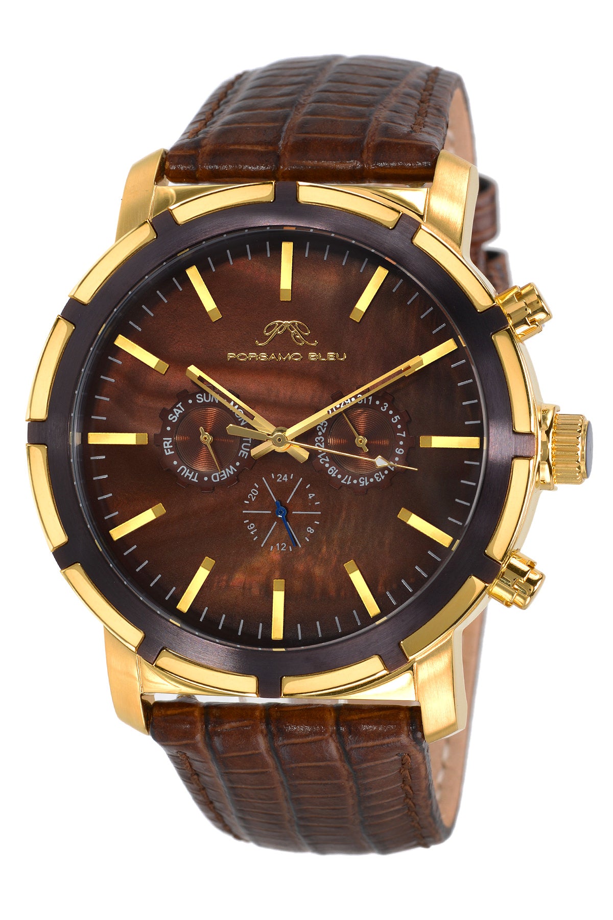 Porsamo Bleu NYC luxury men's watch, genuine leather band, gold, brown 051CNYL