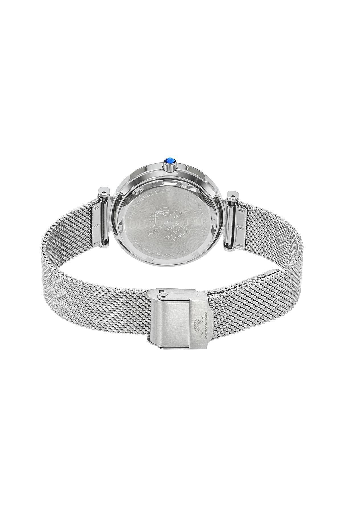 Porsamo Bleu Hazel Luxury Topaz Women's Stainless Steel Watch With White MOP Dial And Faceted Crystal Bezel, Silver, 1271AHAS