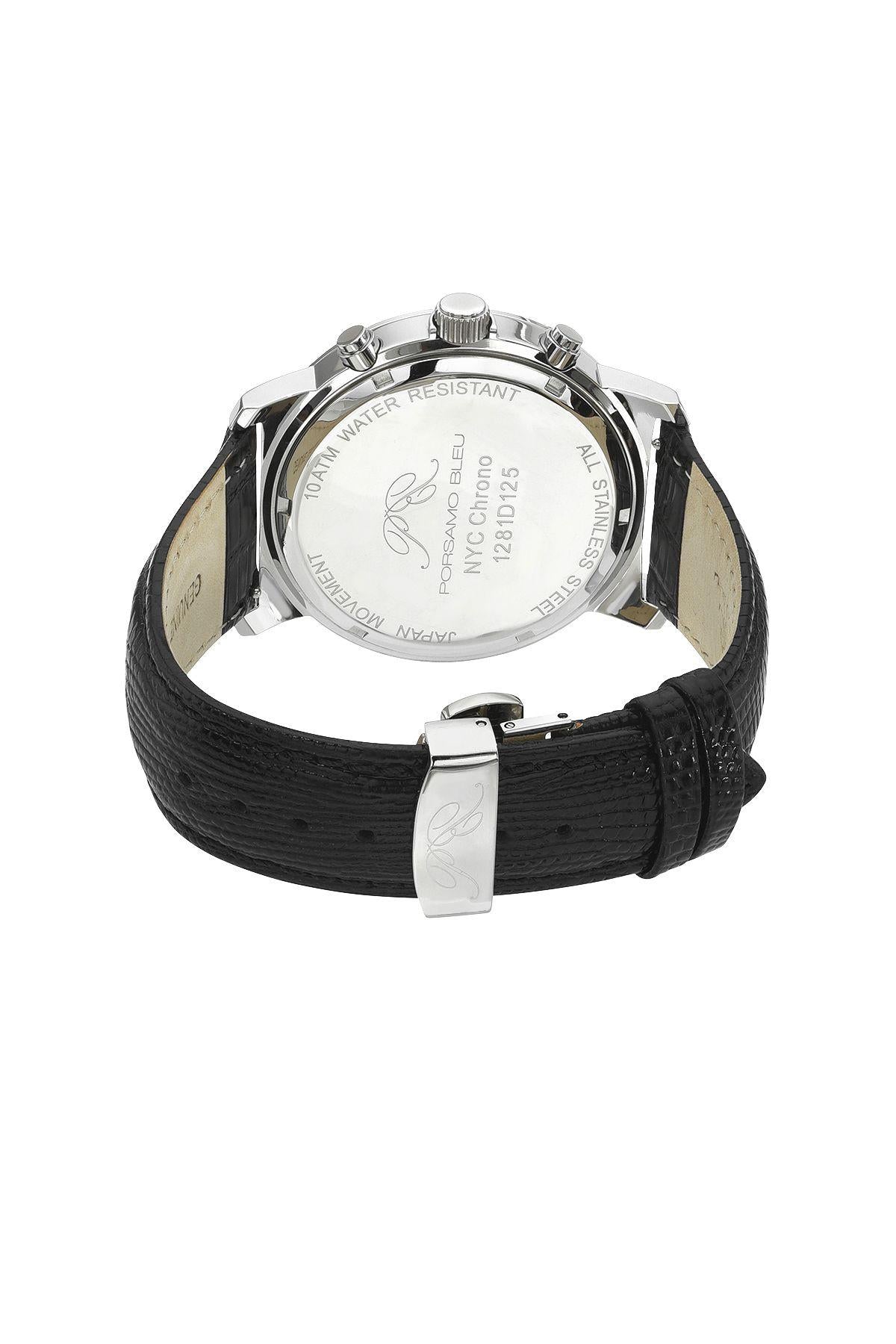 Porsamo Bleu NYC Chrono Luxury Men's Genuine Leather Chronograph Watch With Black MOP Dial, Two-tone, 1281DNYL