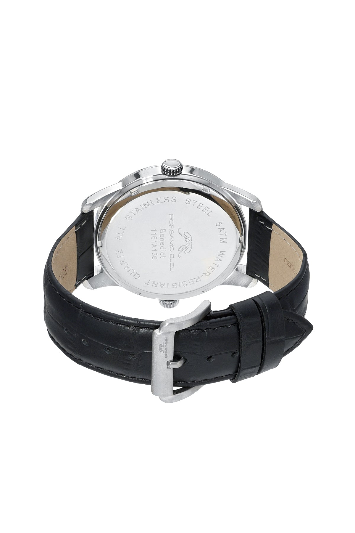 Porsamo Bleu Benedict Luxury Two Movements Men's Genuine Leather Band Watch, Silver, Black 1161ABEL