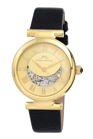 Porsamo Bleu Coco luxury automatic women's watch, genuine leather band, gold, black 811BCOL