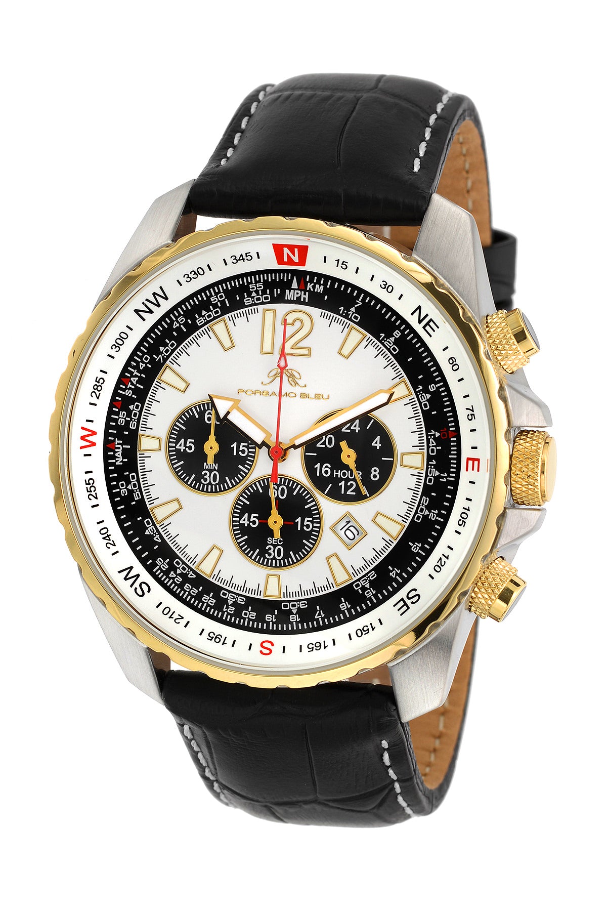 Porsamo Bleu Martin luxury  chronograph men's watch, genuine leather band, silver, gold, black 352BMAL